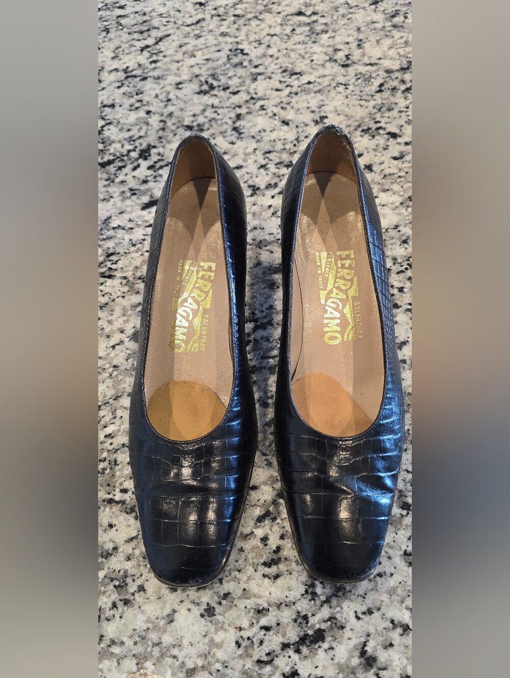 Salvatore Ferragamo Black Croc-Embossed Leather Women’s Pumps